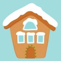 Cute Vector Holiday Gingerbread House. Snow lies on windows and the roof. Cartoon habd drawn vector illustration