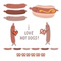 Cute vector hot dog bun with love heart, pretzel cartoon illustration.