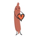 Cute vector hot dog holding love heart. Cartoon illustration