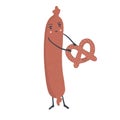 Cute vector hot dog holding pretzel. Cartoon illustration