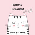 Cute Vector illustration with anime kawaii sleeping cat. With lettering sleeping is fantastic, don`t you think.