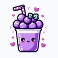 Cute vector illustration of a blueberry milkshake in a cup and hearts, kawaii food icon, generative ai