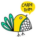 Carpe diem lettering and bird doodle illustration Royalty Free Stock Photo
