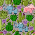 Cute vector illustration. Cartoon images of cactus. Cacti, aloe, succulents. Decorative natural elements