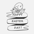 Cute vector illustration with chicken on the text happy easter in doodle style isolated on white background. Vector doodle Royalty Free Stock Photo