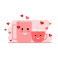 Cute cups with tea and cocoa or coffee with marshmallows.Valentine's Day. Coffee love