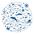 Cute vector illustration with dolphins, octopus, fish, anchor, h
