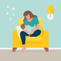 Mother breastfeeds baby sitting on a armchair at home. Cute vector illustration in flat style
