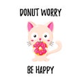 Cute vector illustration. Funny cartoon cat eating a donut. Template for design, print, advertising.