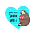 Cute vector illustration. Funny cartoon sloth eating a donut.