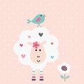 Cute vector illustration with funny sheep and bird Royalty Free Stock Photo