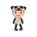 Cute vector illustration of girl or boy character in panda jumpsuit. Funny animal costume. Flat design for poster