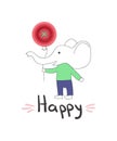 Cute vector illustration, little elephant in cartoon style with realistic button balloon, hand lettering word Happy Royalty Free Stock Photo