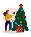 Cute vector illustration for the New Year holidays. The girl decorates the Christmas tree, hangs a bright ball. There Royalty Free Stock Photo