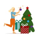 Cute vector illustration for the New Year holidays. The girl decorates the Christmas tree, hangs a bright ball. There Royalty Free Stock Photo