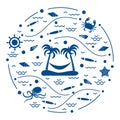 Cute vector illustration with octopus, fish, island with palm trees and a hammock, helm, waves, seashells, starfish, crab arranged