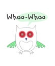 Cute vector illustration, owl in cartoon linear style with hand drawn lettering whoo-whoo