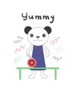 Cute vector illustration, panda in cartoon linear style with realistic pink button jar detail Royalty Free Stock Photo