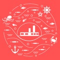 Cute vector illustration with ship, octopus, fish, anchor, helm, Royalty Free Stock Photo