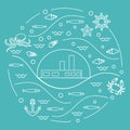 Cute vector illustration with ship, octopus, fish, anchor, helm Royalty Free Stock Photo