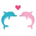 Cute vector illustration of two dolphins being in love with little red heart between them