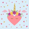 Cute vector illustration with Unicorn tiara and horn, pink wings, sweet heart