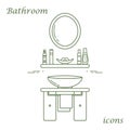 Cute vector illustration with variety bathroom elements: mirror, washbasin, towel, shampoo and other. Royalty Free Stock Photo