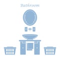 Cute vector illustration with variety bathroom elements: mirror, stand for glasses, washbasin, towel, towel holder, laundry Royalty Free Stock Photo