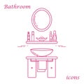 Cute vector illustration with variety bathroom elements: mirror, washbasin, towel, shampoo and other. Royalty Free Stock Photo