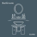 Cute vector illustration with variety bathroom elements: mirror, washbasin, towel, shampoo and other. Royalty Free Stock Photo