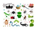 Cute vector insects, reptiles. Bee, grasshopper, lizard and snake