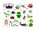 Cute vector insects, reptiles. Bee, grasshopper, lizard and snake Royalty Free Stock Photo