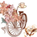 Cute vector invitation with fake bicycle and flowers