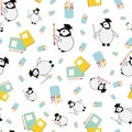 Cute vector Kawaii penguin chicks with scholar hats,pencils, notebooks on white backdrop. Scattered cartoon emperor baby Royalty Free Stock Photo