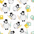 Cute vector Kawaii penguin chicks with scholar hats,pencils, notebooks on white backdrop. Scattered cartoon emperor baby Royalty Free Stock Photo