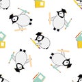 Cute vector Kawaii penguin chicks with scholar hats,pencils, notebooks on white backdrop. Scattered cartoon emperor baby Royalty Free Stock Photo