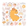 Cute vector kids composition Dino Girl Greeting card landscape with dinosaur, rainbow, heart, palm, plants, flowers and