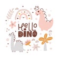 Cute vector kids Greeting card with dinosaur with crown and baby text Hello Dino. Cartoon dino Princess girl Royalty Free Stock Photo