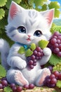 Cute vector of a kitten with grapes, anime style, animal design, fruit, fantasy art, animal, adorable, printable