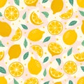 Cute Vector Lemon Hand drawn seamless pattern. Cartoon summer fruit slice, fresh green leaves, yellow lemons print on Royalty Free Stock Photo