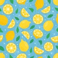 Cute Vector Lemon Hand drawn seamless pattern. Cartoon tropical fruit slice, fresh green leaves, yellow lemons print on Royalty Free Stock Photo