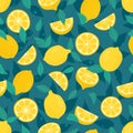 Cute Vector Lemon seamless pattern. Cartoon summer fruit slice, fresh green leaves, yellow lemons print. Vintage