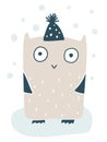 Cute vector little owl in wintercap. Handdrawn doodle sketch illustration in Scandinavian style