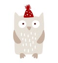 Cute vector little owl in wintercap. Handdrawn doodle sketch illustration in Scandinavian style. Cool for nursery t