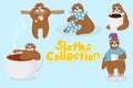 Cute vector little sloths with cup of coffee hand drawn illustration isolated on blue background. Collection of morning routine wi