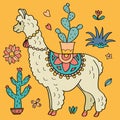 Cute Vector Llama and Cactus