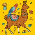 Cute Vector Llama and Parrot