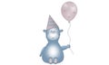 Cute vector made illustration of blue fantasy animal creature with balloon, party hat and hearts
