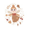 Cute vector magic illustration with tooth fairy character, autumn leaves, berries, branches, plants, bubble, wings