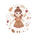 Cute vector magic illustration with tooth fairy character, autumn leaves, berries, branches, plants, bubble, wings